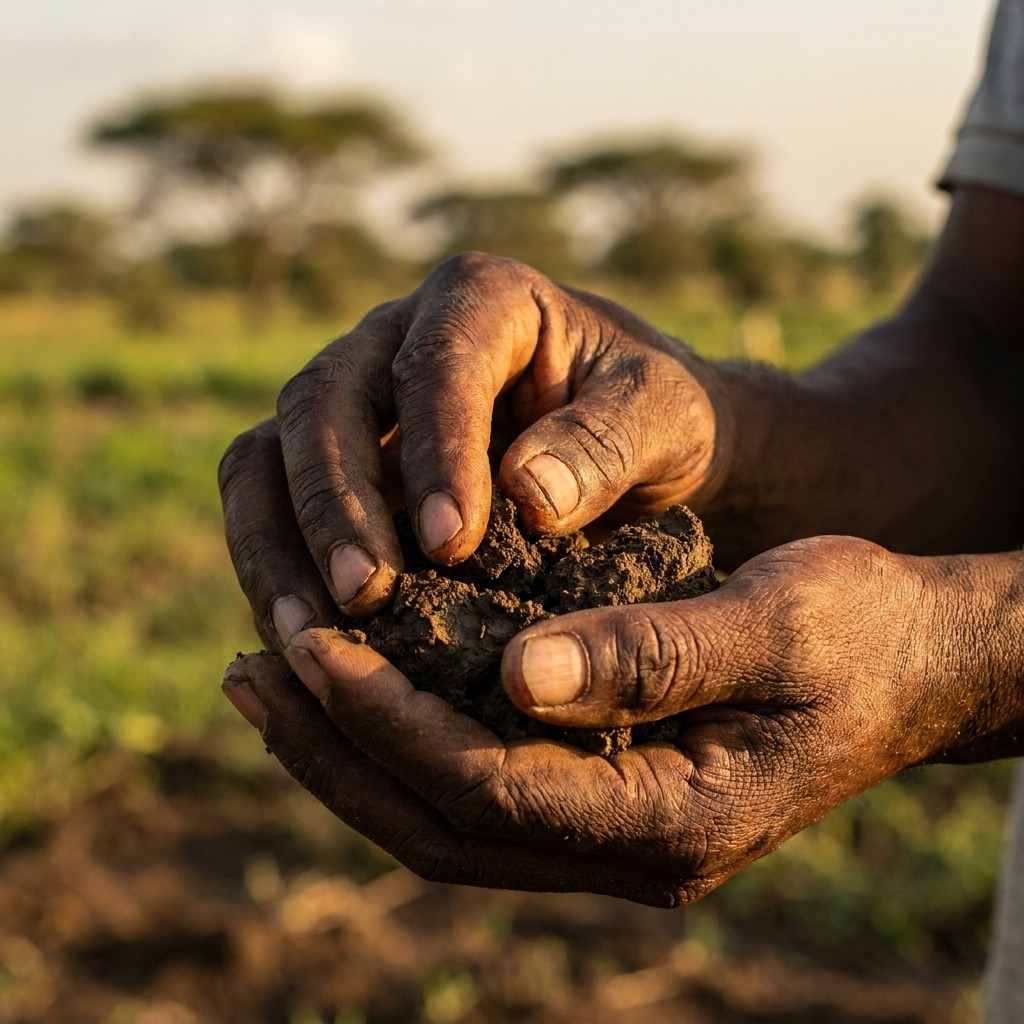 Close-up of hands holding dark, healthy farm soil, evoking integrity and hands-on scientific rigor