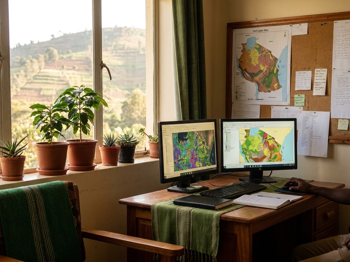 Interior of a modern agricultural intelligence office in Tanzania with satellite map data on screen