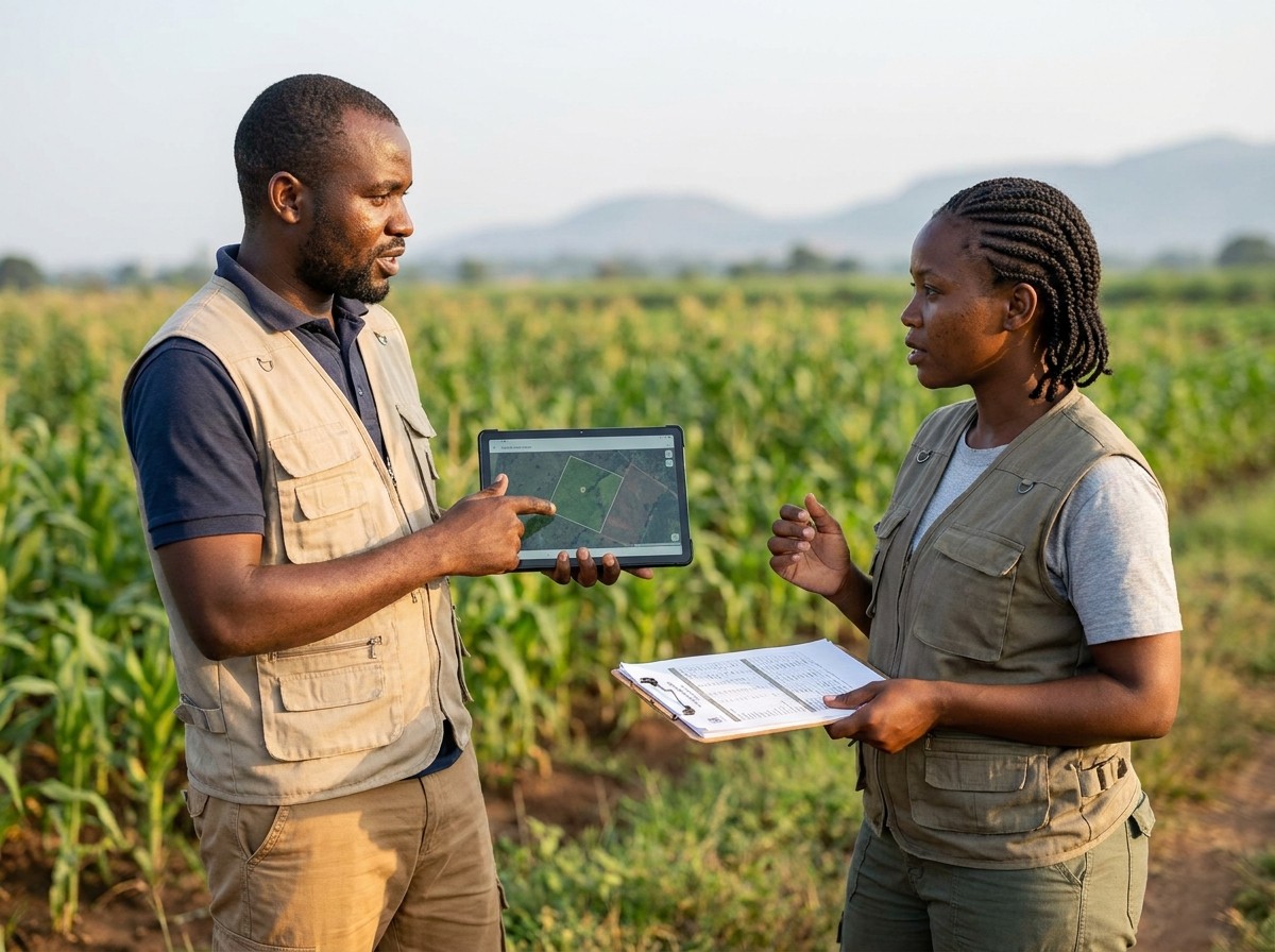 Two CHOSUN professionals reviewing a satellite map and soil sample paperwork at the edge of a farm field
